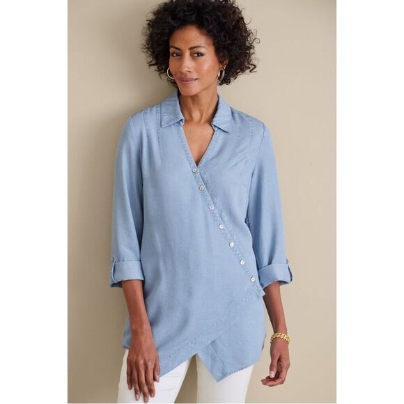Soft Surroundings Asymmetrical Denim Wash Tencel Chambray Tunic Plus Size 2X - Picture 8 of 8